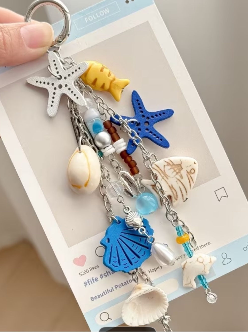 Starfish & Shell Beach Keychain Charm - Blue, Yellow, White